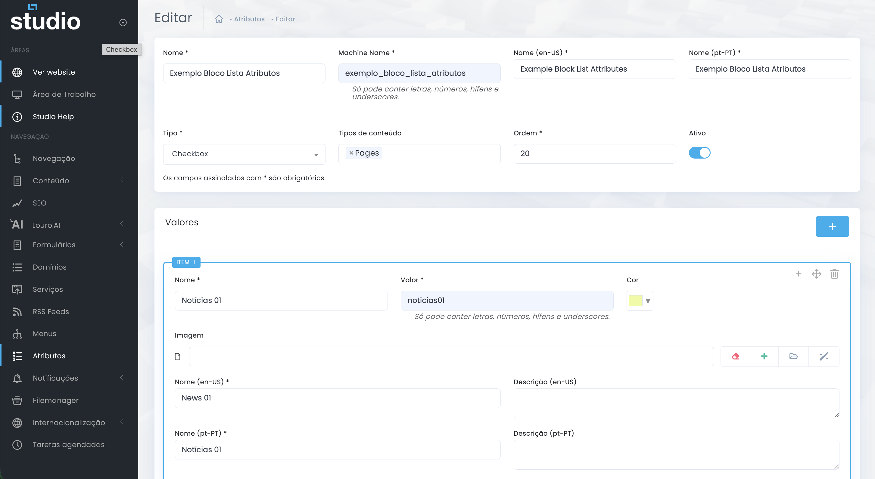 Edição de atributo no Studio CMS